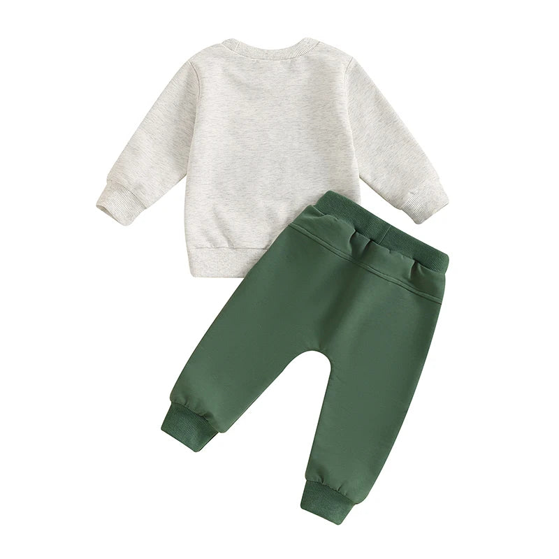 Baby Toddler Boys 2Pcs Go Team Fall Outfit Football Letter Embroidery Long Sleeve O-Neck Top and Solid Color Pants Set