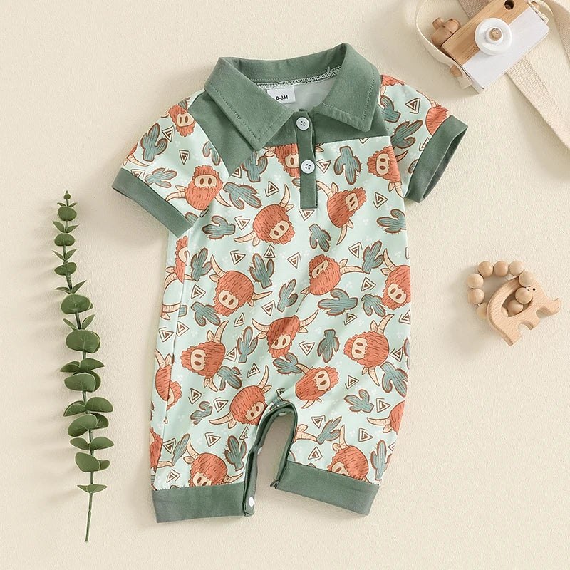 Baby Boy Romper Casual Cattle Cow Cactus Print Collar Short Sleeve Jumpsuit