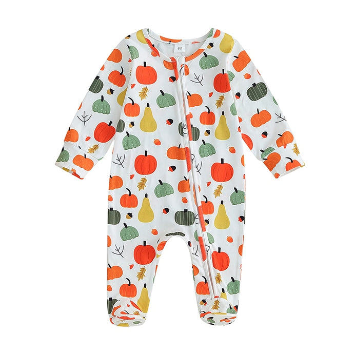 Baby Girls Boys Footed Pajamas Halloween Pumpkin Fall Print Long Sleeve Romper Zipper Jumpsuits