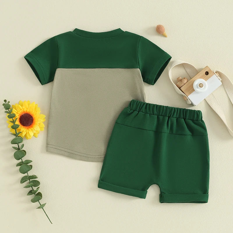 Toddler Baby Boy 2Pcs Summer Outfits Short Sleeve Contrast Color Top with Pocket Shorts Set Clothes