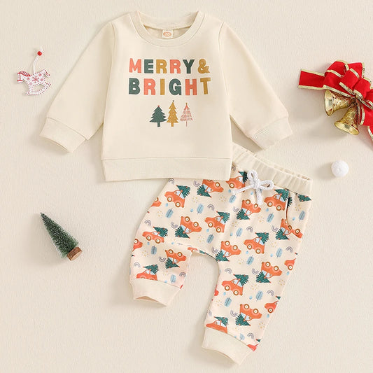 Baby Toddler Boys Girls 2Pcs Merry & Bright Christmas Outfit Letter Tree Print Crew Neck Long Sleeve Top Pants Set