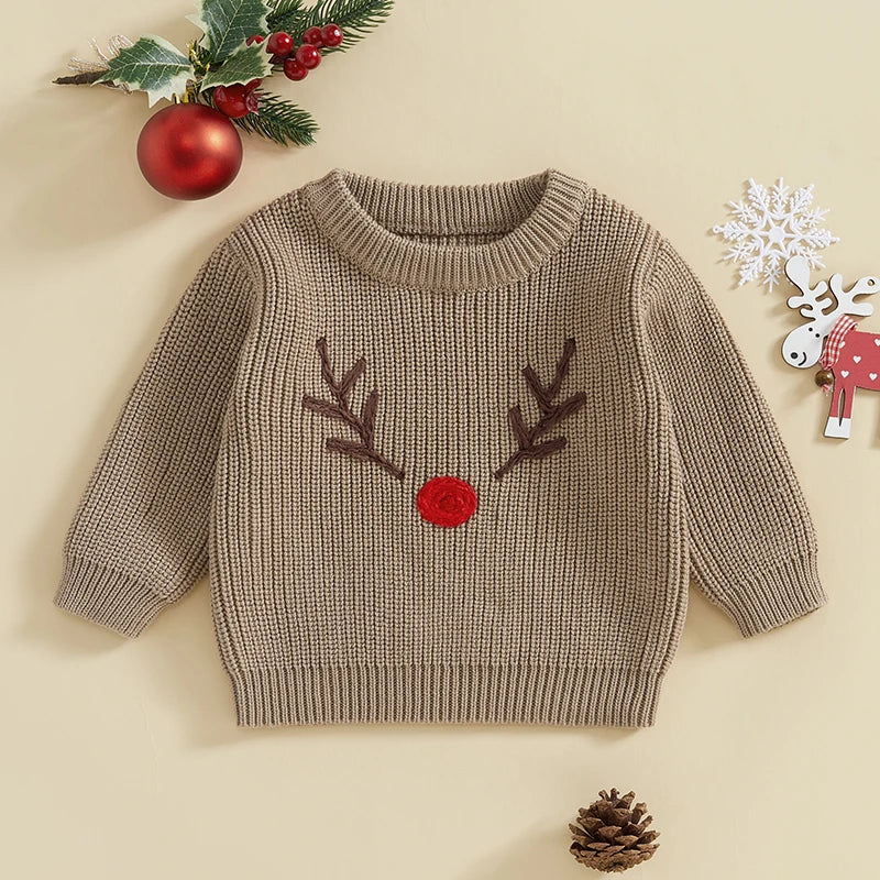 Baby Toddler Girls Boys Christmas Knit Sweater Long Sleeve O Neck Reindeer/Snowman/Joy Santa Hat Embroidery Pullover Knitwear Top