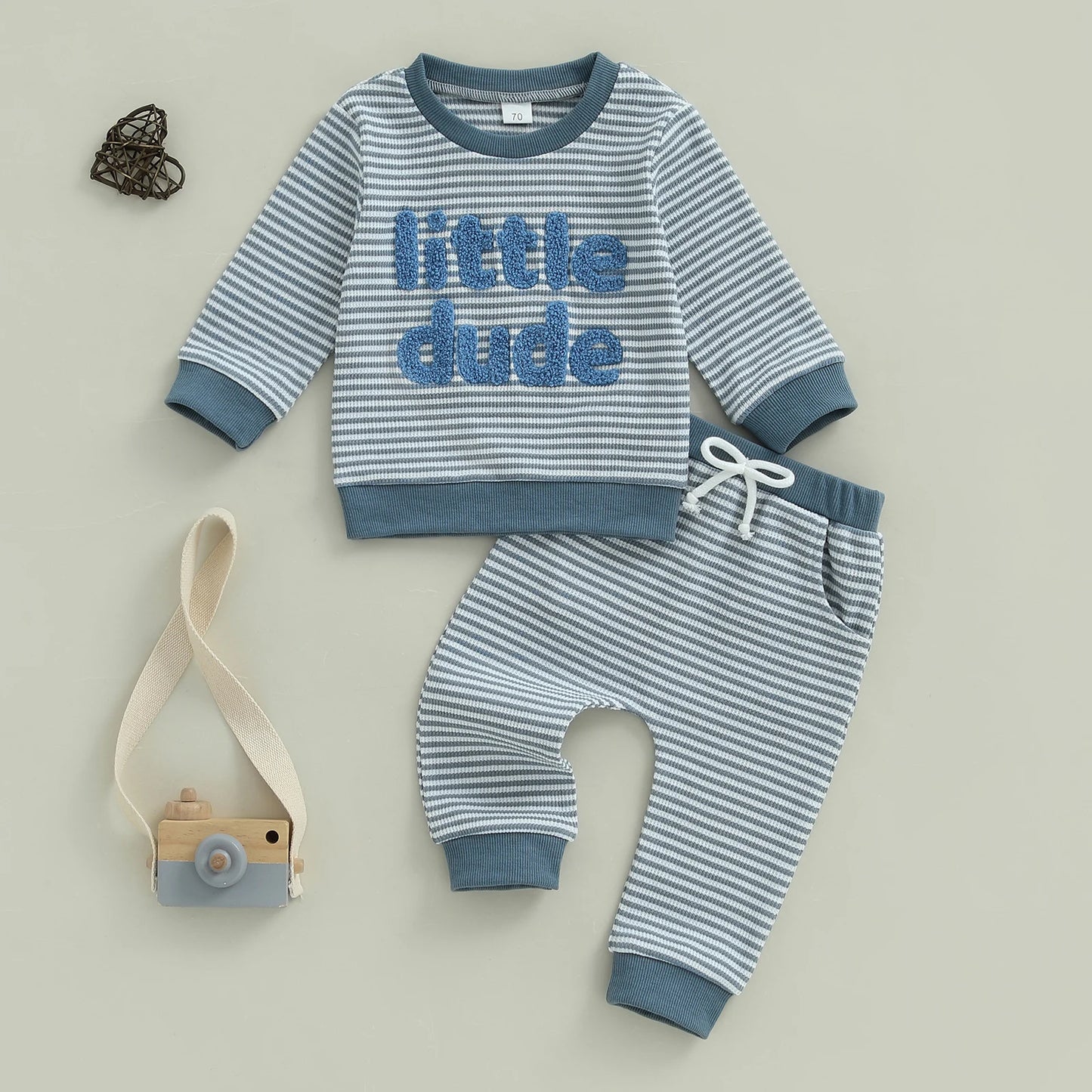 Baby Toddler Boys 2Pcs Little Dude Striped Jogger Set Long Sleeve Letters Embroidery Pullover Top with Pants Fall Outfits