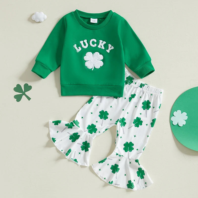 Baby Toddler Girls 2Pcs Lucky St. Patrick's Day Outfit Four Leaf Clover Long Sleeve Crewneck Top and Elastic Flare Pants Set Clothes