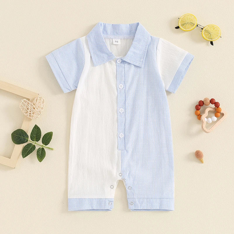 Baby Boy Jumpsuit Summer Short Sleeve Lapel Collar Stripes Contrast Color Print Romper Playsuit