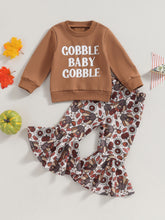 Load image into Gallery viewer, Baby Toddler Girl 2Pcs Thanksgiving Outfits Long Sleeve Letter Print Gobble Baby Top Turkey Flare Pants Set
