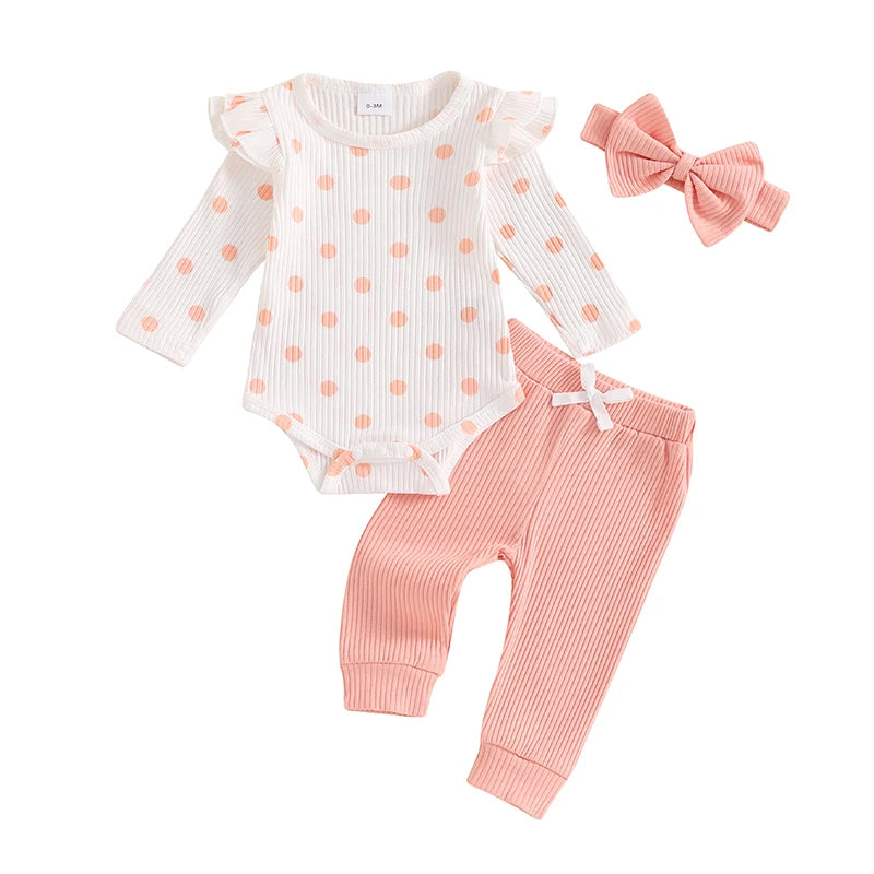 Baby Girls 3Pcs Fall Outfit Long Sleeve Polka Dots Print Romper with Pants and Headband Clothing Set