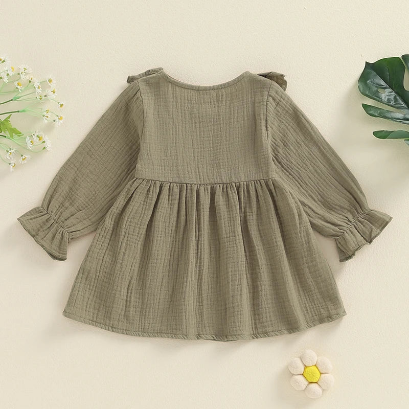 Baby Toddler Girls Autumn A-line Princess Poof Long Sleeve Crewneck Solid Color Button Dress