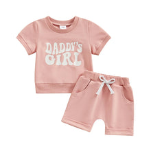 Load image into Gallery viewer, Baby Toddler Girl 2Pcs Shorts Set Mama&#39;s / Daddy&#39;s Girl Letter Print Short Sleeve Round Neck Top with Solid Color Shorts Outfit
