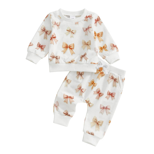 Baby Toddler Girls 2Pcs Spring Outfits Bow Print Long Sleeve Round Neck Pullover Top Elastic Waist Long Pants Jogger Set