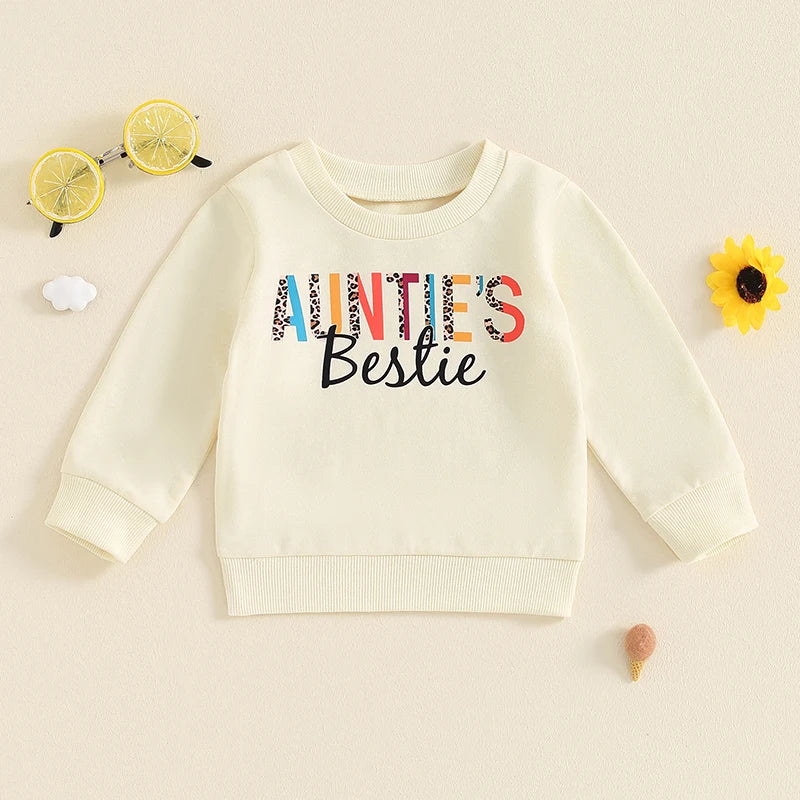 Baby Toddler Girl Auntie's Bestie Casual Letter Print Crew Neck Long Sleeve Pullover Top