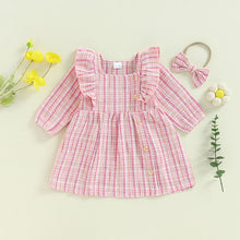 Load image into Gallery viewer, Toddler Kids Girls 2Pcs Dress Square Neck Ruffles Plaid Buttons Long Sleeve Casual Fall Princess Dress with Headband Set
