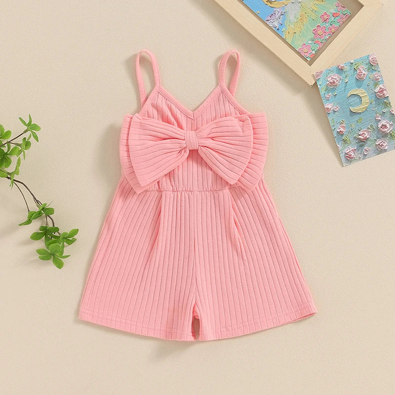 Baby Toddler Girls Ribbed Jumpsuit Cute Bow Sleeveless Tank Top Romper Shorts