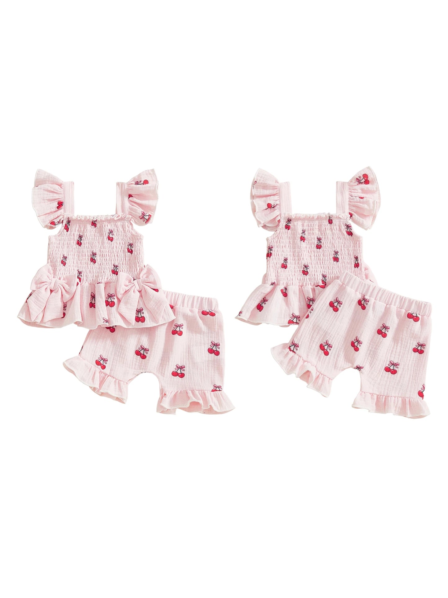Baby Toddler Girl 2Pcs Summer Outfits Ruffle Sleeveless Cherries Fruit Print Smocked Top Shorts Set Clothes