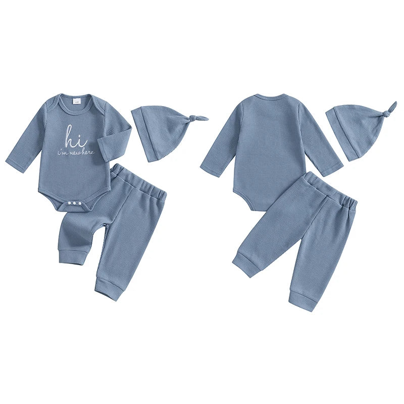 Baby Boys 3Pcs Hi I'm New Here Waffle Fall Set Letter Print Long Sleeve Round Neck Romper Long Pants Hat Outfit