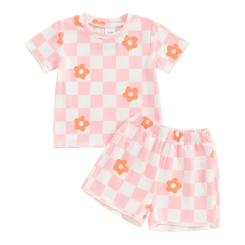 Baby Toddler Kids Girls 2Pcs Clothing Sets Floral Checkerboard Print Short Sleeve O-neck Top + Elastic Waist Shorts Set Outfit