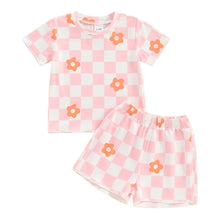 Load image into Gallery viewer, Baby Toddler Kids Girls 2Pcs Clothing Sets Floral Checkerboard Print Short Sleeve O-neck Top + Elastic Waist Shorts Set Outfit
