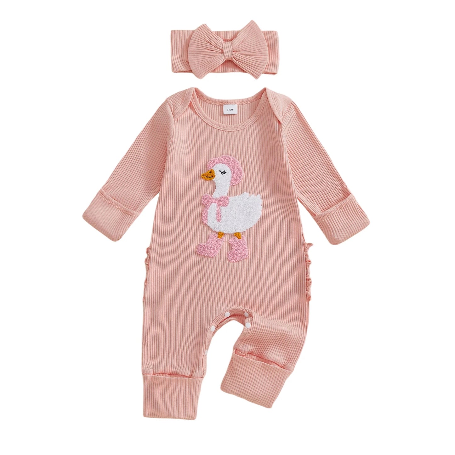 Baby Girl 2Pcs Fall Outfit Golf Goose Bee Print New to the Hive / Club Long Sleeve Ribbed Romper with Bow Headband 2Piece Set