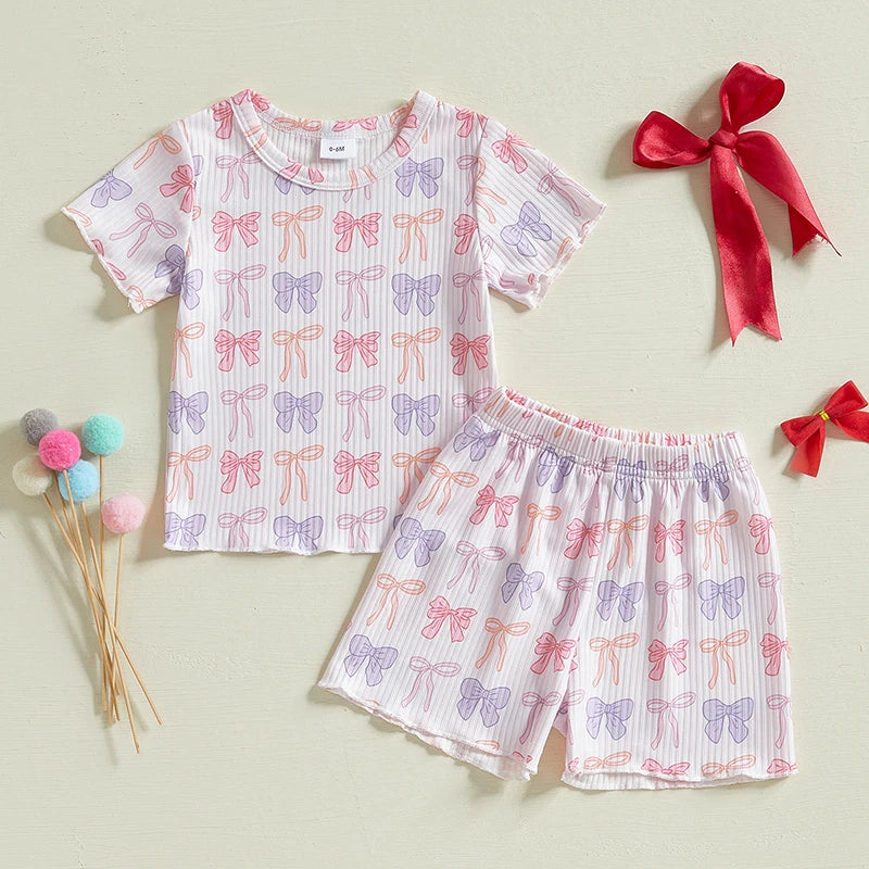 Baby Toddler Girls 2Pcs Ribbed Shorts Set Bow Heart Print Short Sleeve Round Neck Top Elastic Waistband Shorts