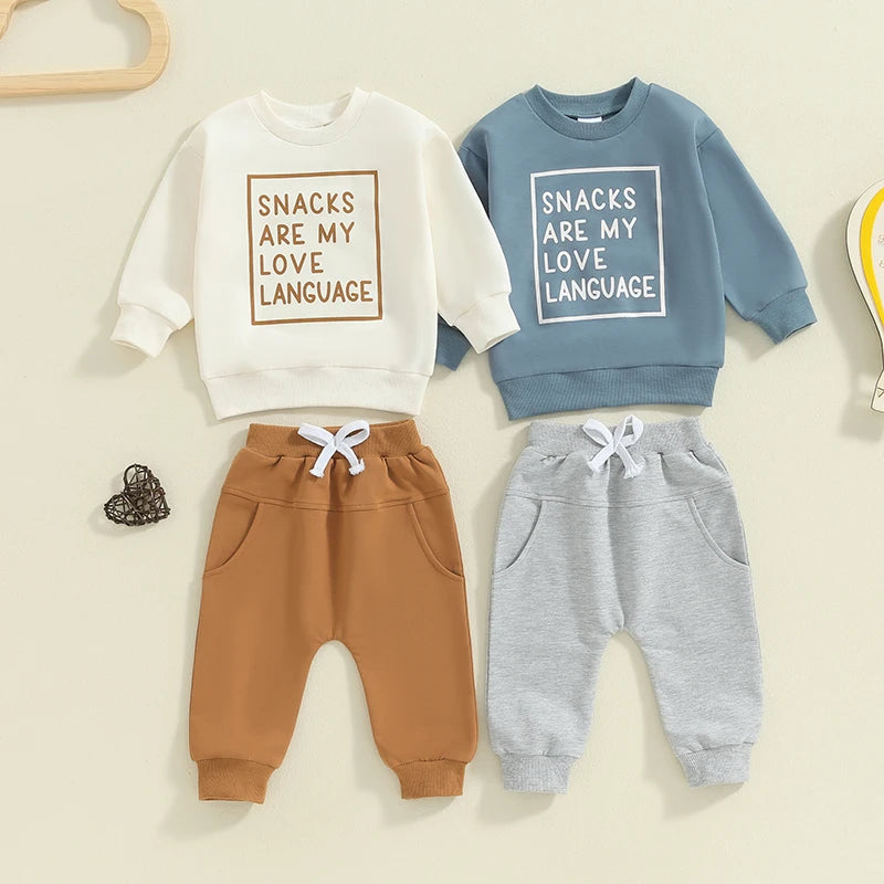 Baby Toddler Boys Girls 2Pcs Snacks Are My Love Language Long Sleeve Crew Neck Letters Print Top with Elastic Waist Pants Set