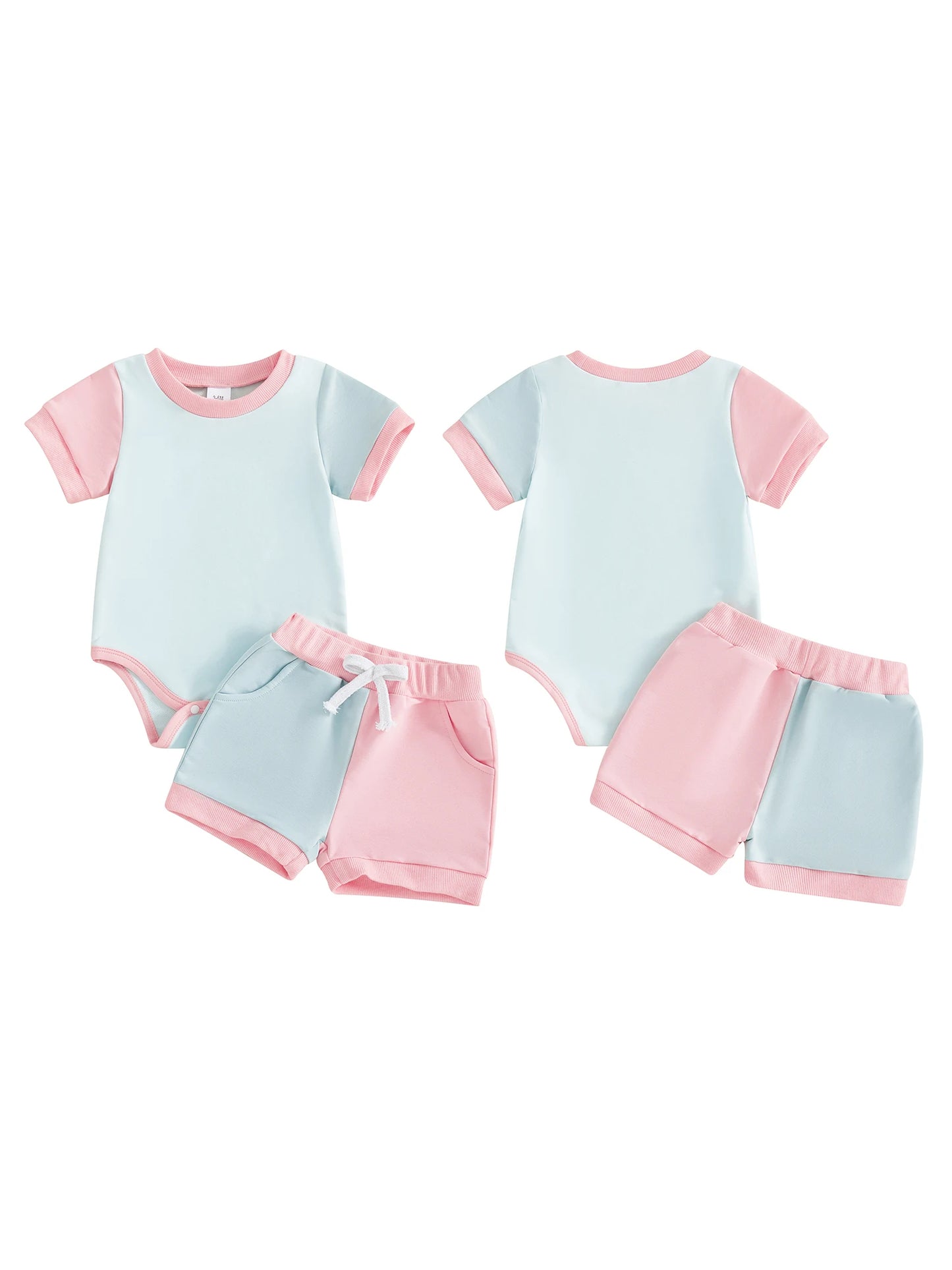 Baby Boys 2Pcs Summer Shorts Sets Short Sleeve O Neck Contrast Color Romper and Drawstring Shorts Set