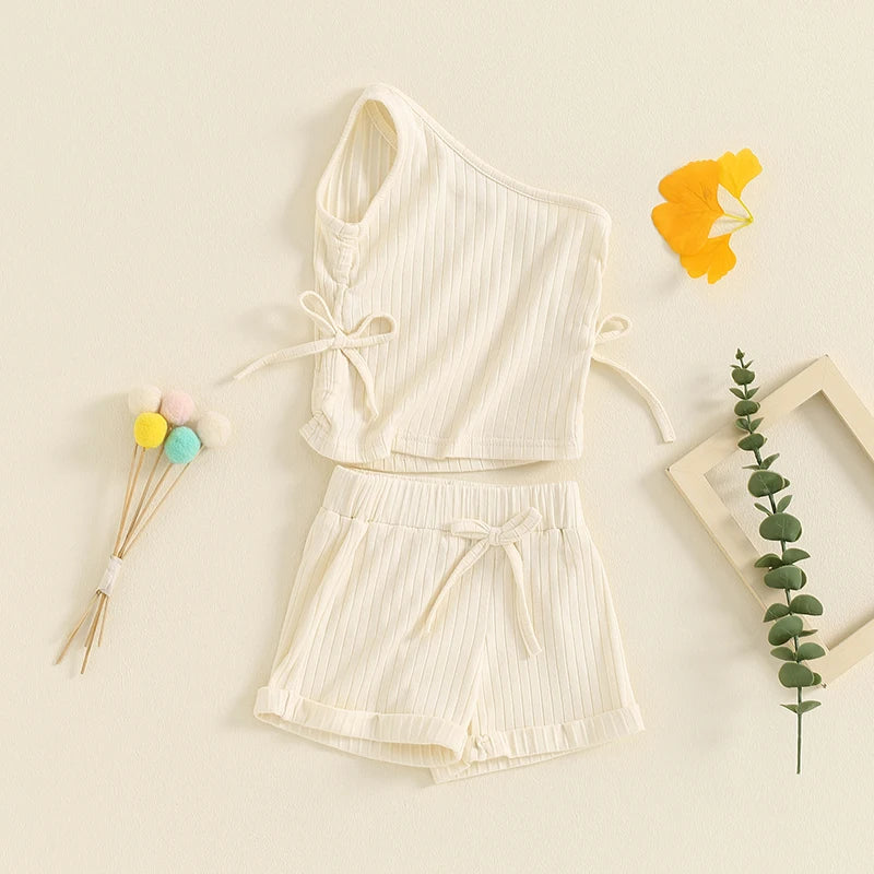 Baby Toddler Girls 2Pcs Summer Outfit Solid Color One Shoulder Strap Drawstring Ribbed Tank Top Shorts Matching Set