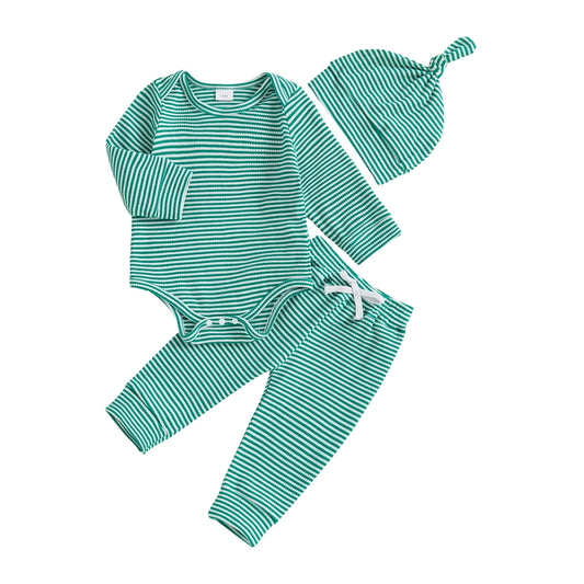 Baby Boys Girls 3Pcs Outfits Striped Crew Neck Long Sleeve Romper Pants and Cap Hat Set