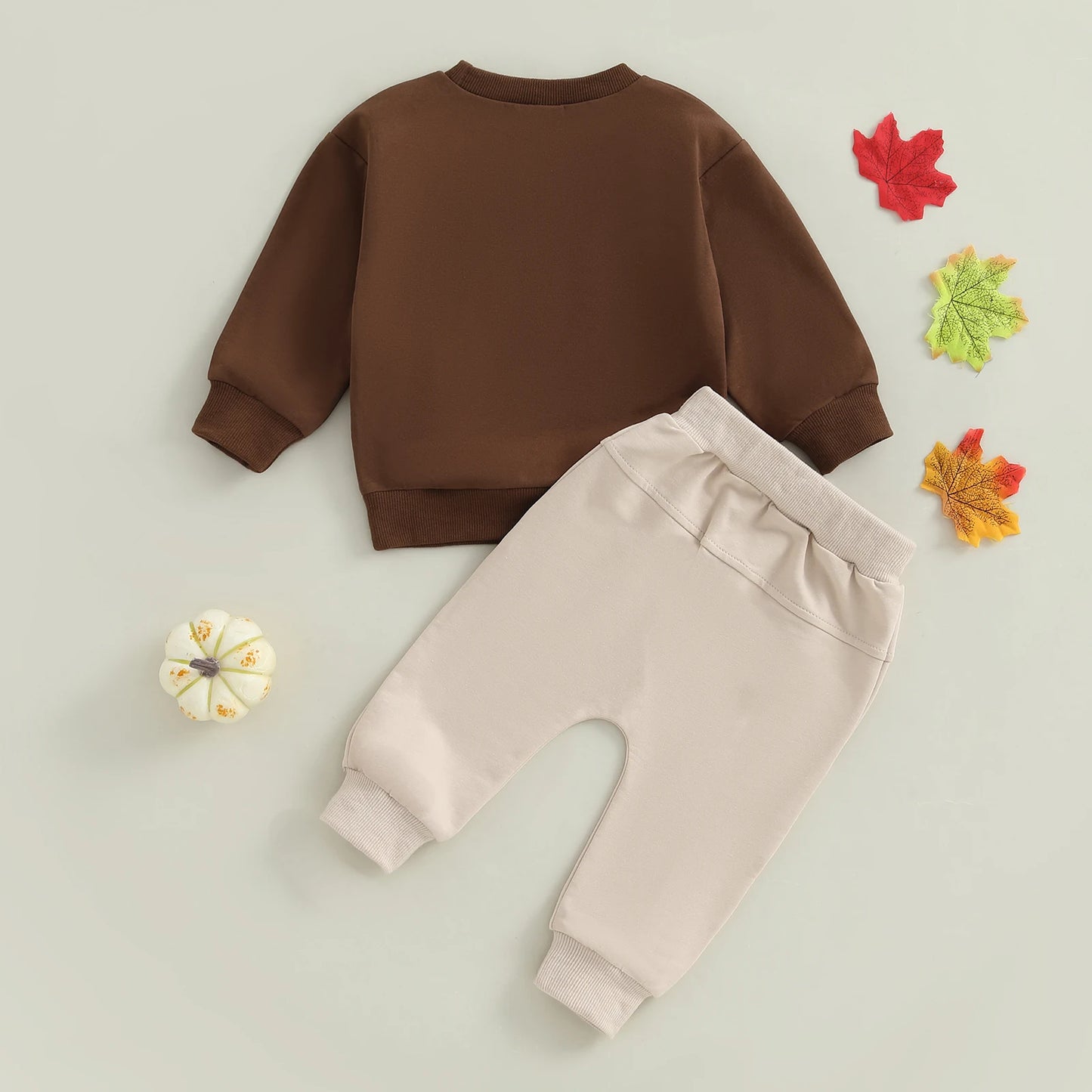 Baby Toddler Boy 2Pcs Little Turkey Thanksgiving Outfit Letter Turkey Embroidery Long Sleeve O-Neck Pullover + Elastic Waist Solid Pants Jogger Set