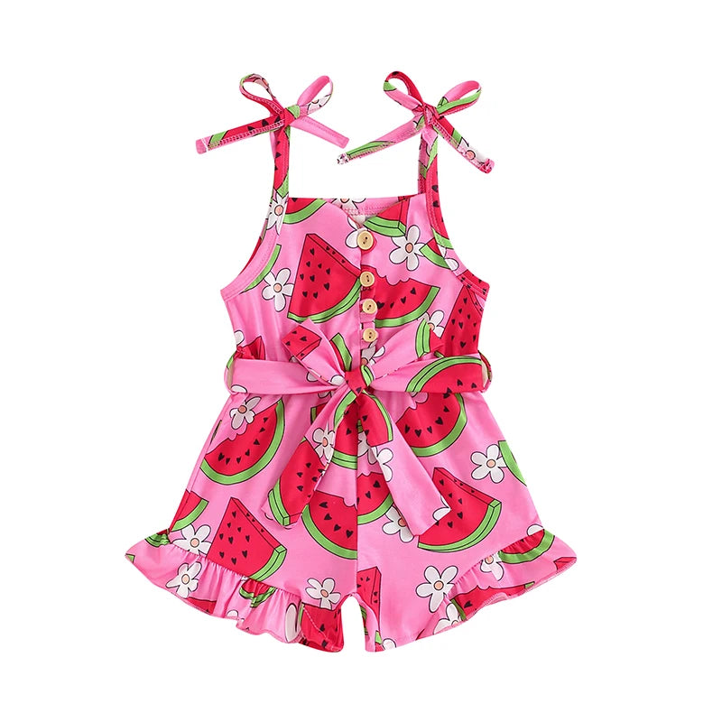 Baby Toddler Kids Girl Summer Jumpsuit Sleeveless Tie Strap Watermelon Print Belted Romper Shorts