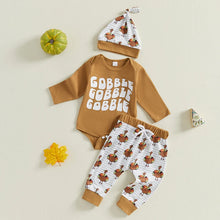 Load image into Gallery viewer, Baby Boys Girls 3Pcs Fall Gobble Thanksgiving Outfit Long Sleeve Letter Print Romper Turkey Print Pants Hat Set
