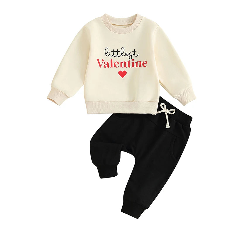 Toddler Baby Boy Girl 2Pcs Valentine's Day Outfits Long Sleeve Heart Littlest Valentine Letter Print Top and Pants Set