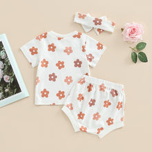 Load image into Gallery viewer, Baby Girl 3Pcs Summer Outfits Short Sleeve Floral Print Tops Tie Front Shorts Headband Set Clothes
