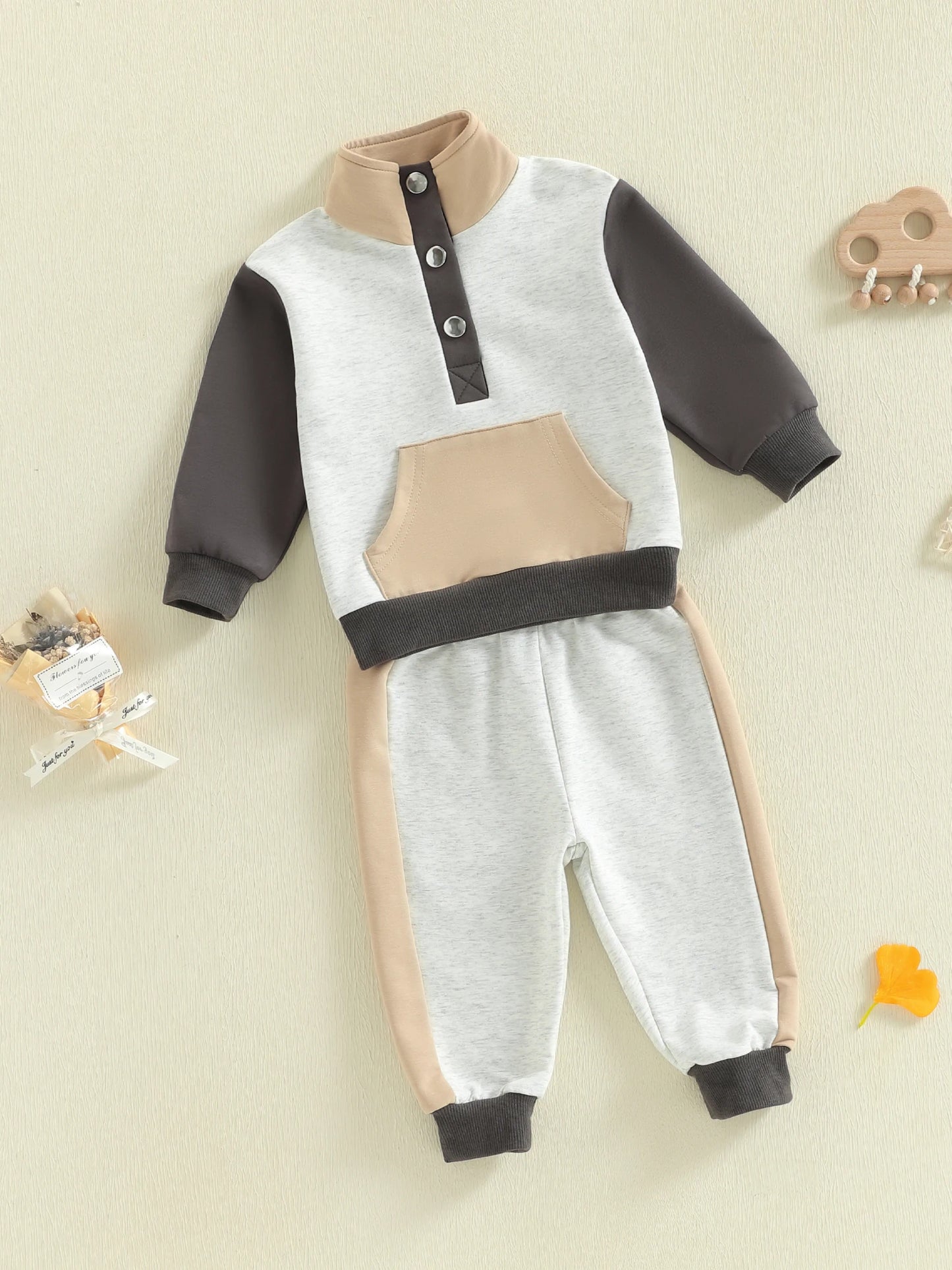 Baby Toddler Boys Girls 2Pcs Clothing Jogger Set Contrast Color Long Sleeve Collar Quarter Button Up Pullover with Pants Outfit