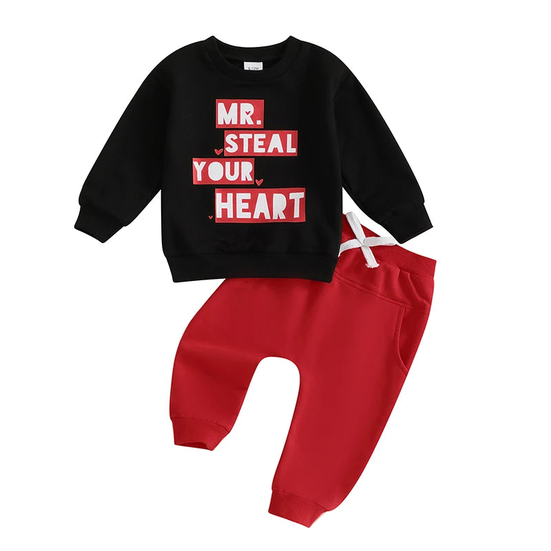 Baby Toddler Boys 2Pcs Mr. Steal Your Heart Outfit Long Sleeve Letters Print Crewneck Top with Pants Valentine’s Day Jogger Set