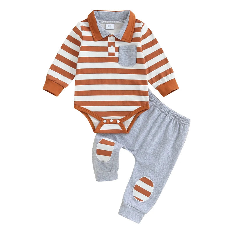 Baby Boys 2Pcs Fall Outfit Stripe Turn-Down Collar Long Sleeve Romper Elastic Waist Long Pants Set