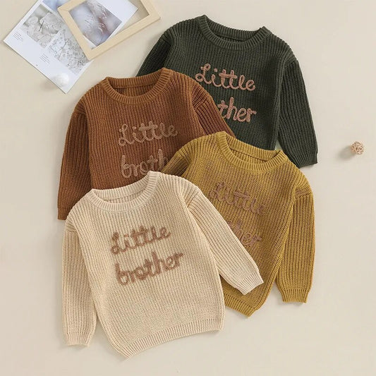 Baby Boys Sweater Letter Embroidery Little Brother Crew Neck Long Sleeve Pullover Top