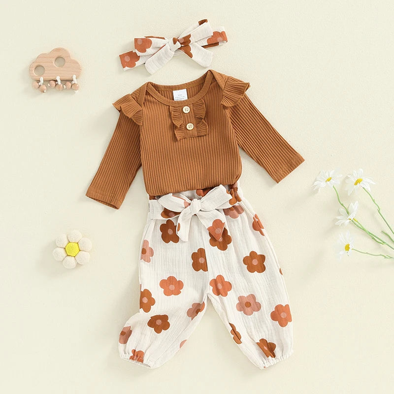 Baby Girls 3Pcs Fall Outfit Long Sleeve Ribbed Romper + Floral Flower Print Pants + Headband Set