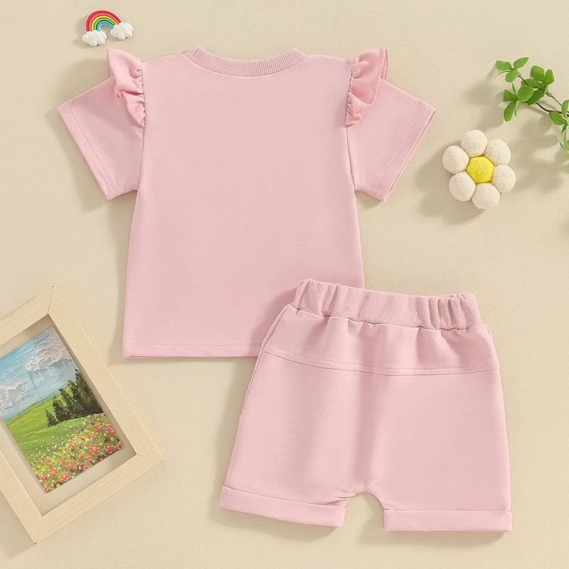 Toddler Baby Girls 2Pcs Daddy's / Mama Mini Summer Short Frilly Sleeve Letter Top Solid Color Shorts Sets