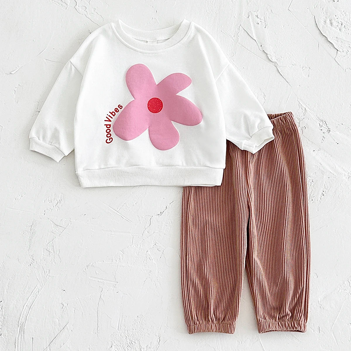 Baby Toddler Girls Boys 2Pcs Set Flowers / Waves / Sun Good Vibes Letters Print Pullover Long Sleeve Crewneck Top + Corduroy Pants Outfit