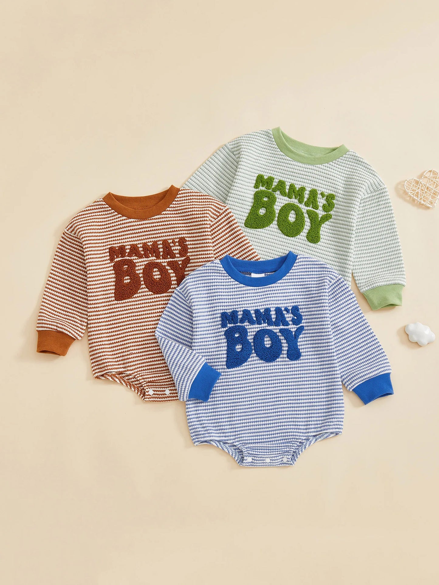 Baby Boy Romper Long Sleeve Crew Neck Striped Embroidery Mama's Boy Letters Fall Bodysuit