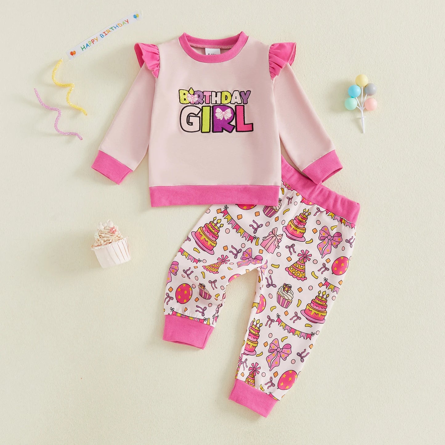 Baby Toddler Girls 2Pcs Birthday Girl Pants Set Long Sleeve O Neck Letter Embroidery Top Cake Balloon Print Pants Jogger Set