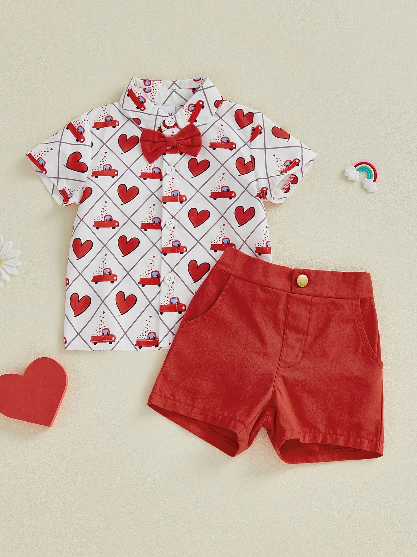Baby Toddler Boys 2Pcs Valentine's Day Outfit Heart Short Sleeve Bowtie Shirt and Solid Shorts 2 Piece Set