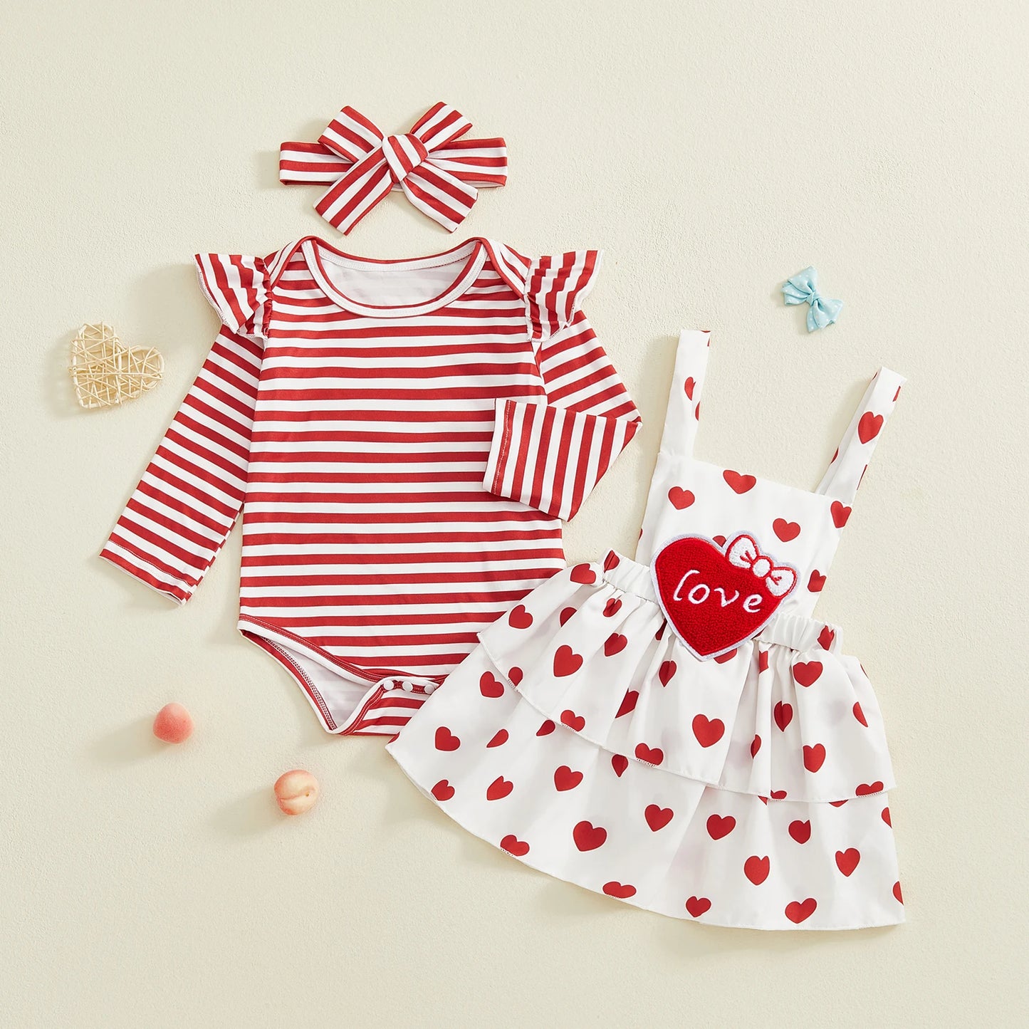 Baby Girl 3Pcs Valentine’s Day Outfit Long Sleeve Stripes Print Romper Suspender Skirt Dress Headband Set
