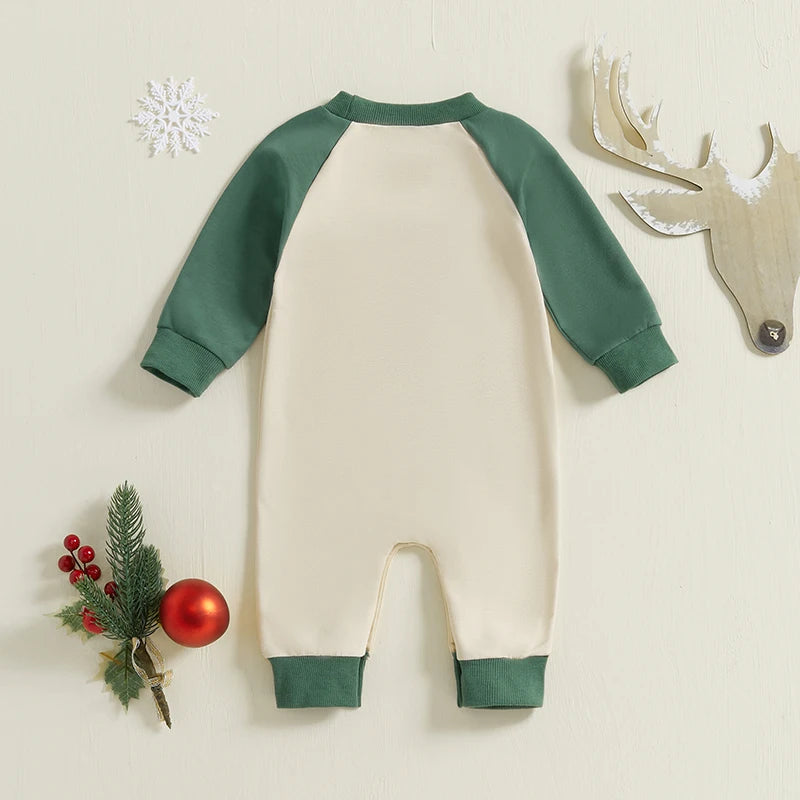 Baby Boy Merry Christmas Jumpsuit Christmas Tree Letter Embroidered Round Neck Raglan Long Sleeve Romper