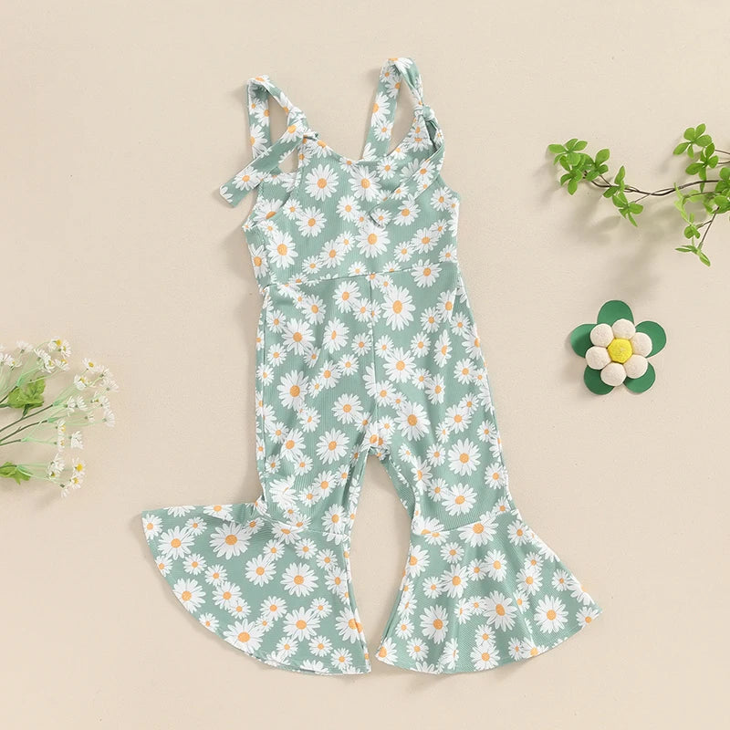 Baby Toddler Girls Romper Jumpsuit Sleeveless Tie Tank Top Daisy Flower Print Bell Bottom Overalls