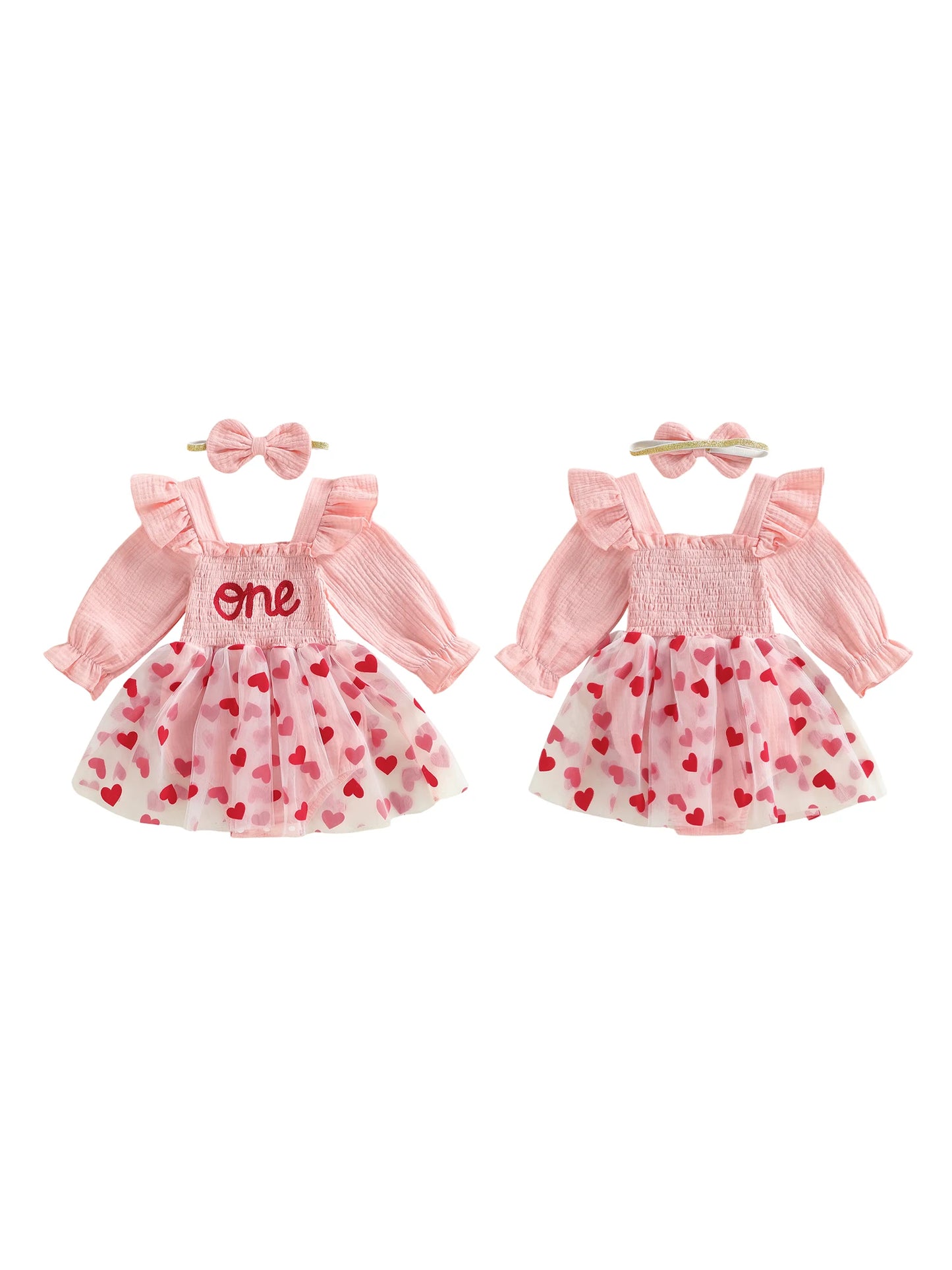 Baby Girl 2Pcs One Long Sleeve Square Neck Heart A-line Heart Tutu Romper Dress with Bowknot Headband Birthday Outfit