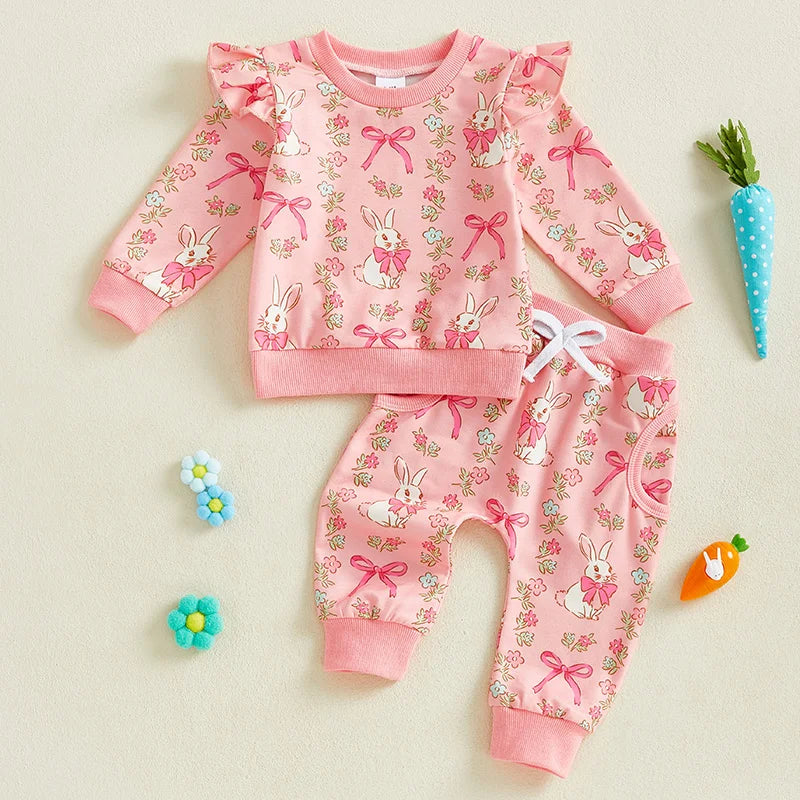 Baby Toddler Girls 2Pcs Easter Outfit Bow Bunny Rabbit Print Long Sleeve Top + Elastic Waist Long Pants Spring Set