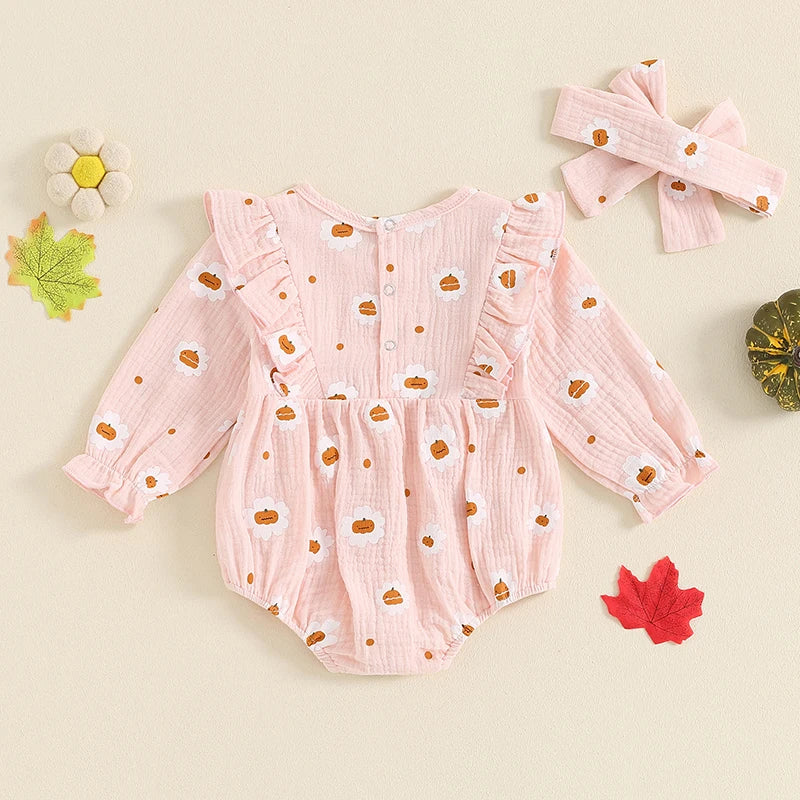 Baby Girls 2Pcs Halloween Thanksgiving Outfit Long Sleeve Pumpkin Flower Pie Print Romper with Headband Set