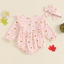 Load image into Gallery viewer, Baby Girls 2Pcs Halloween Thanksgiving Outfit Long Sleeve Pumpkin Flower Pie Print Romper with Headband Set
