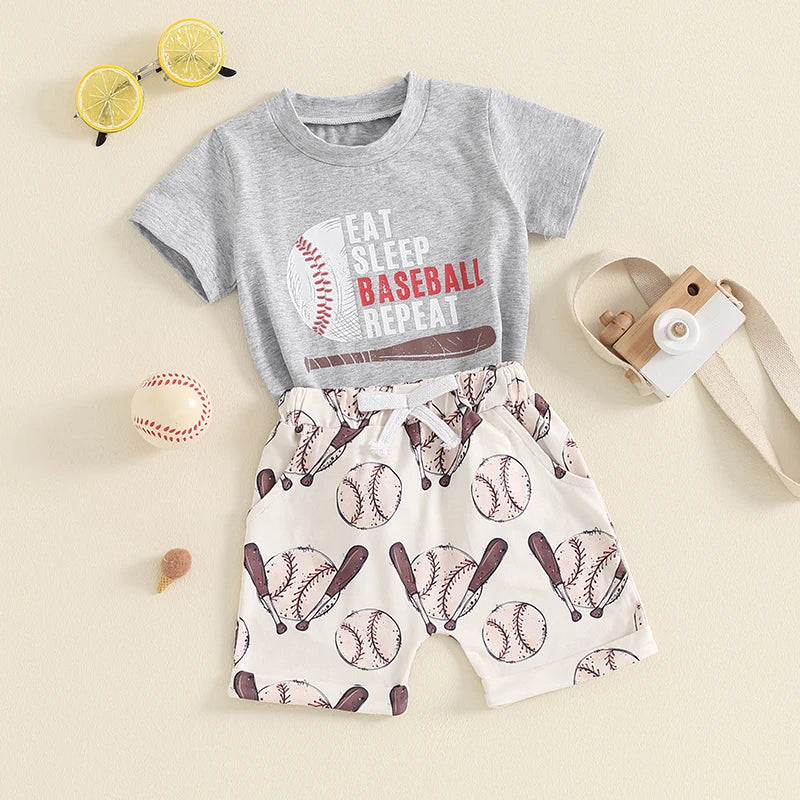 Baby Toddler Boys 2Pcs Eat Sleep Baseball Repeat Outfit Baseball Letter Print Short Sleeve Top and Elastic Shorts Clothes Set